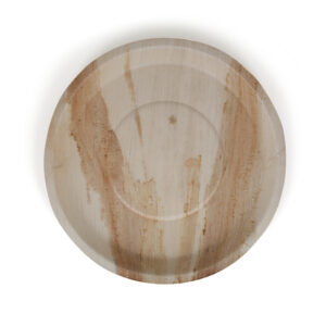 Certified-organic 12-inch round areca thali plate from Just a Leaf, top view on white