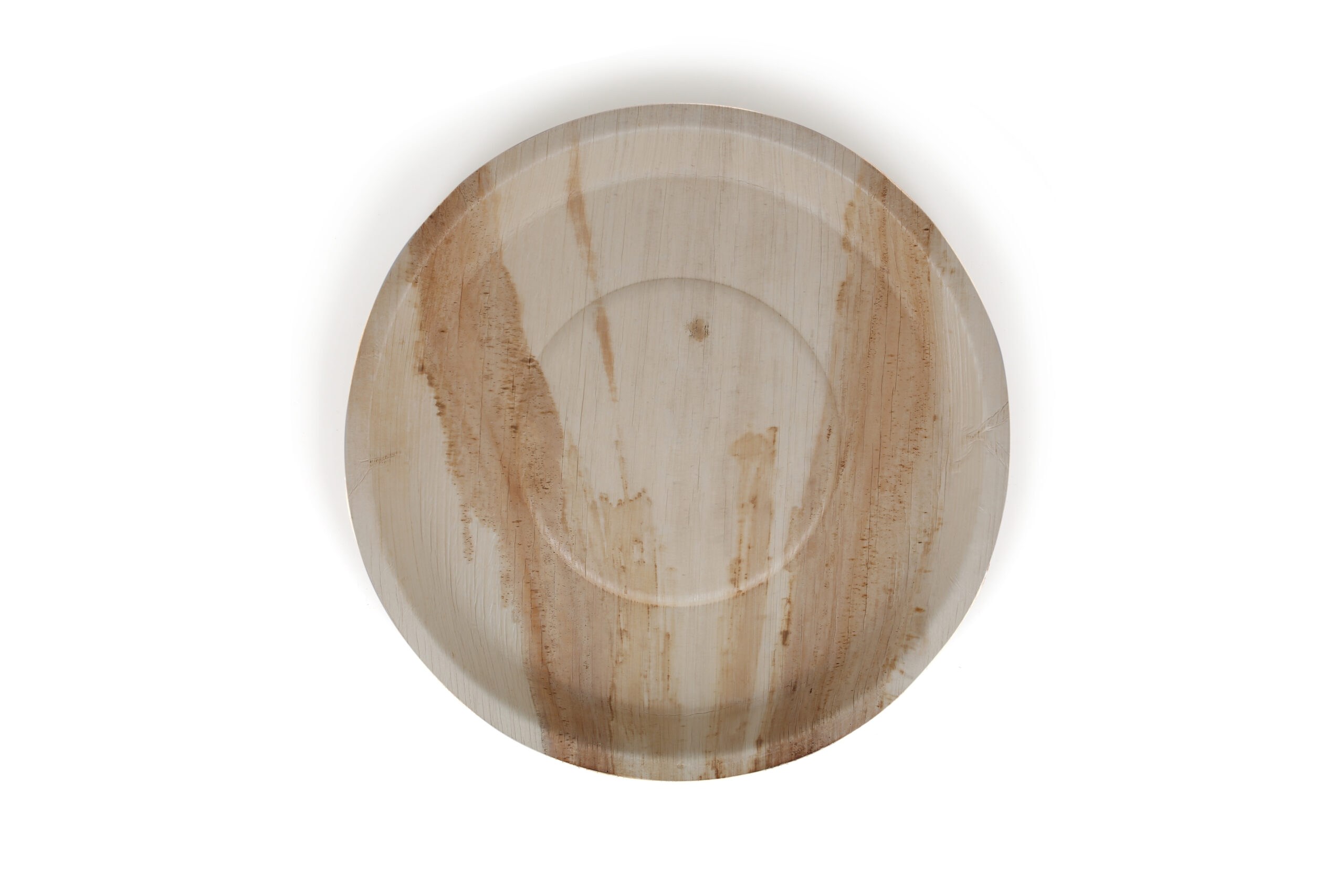 Certified-organic 12-inch round areca thali plate from Just a Leaf, top view on white