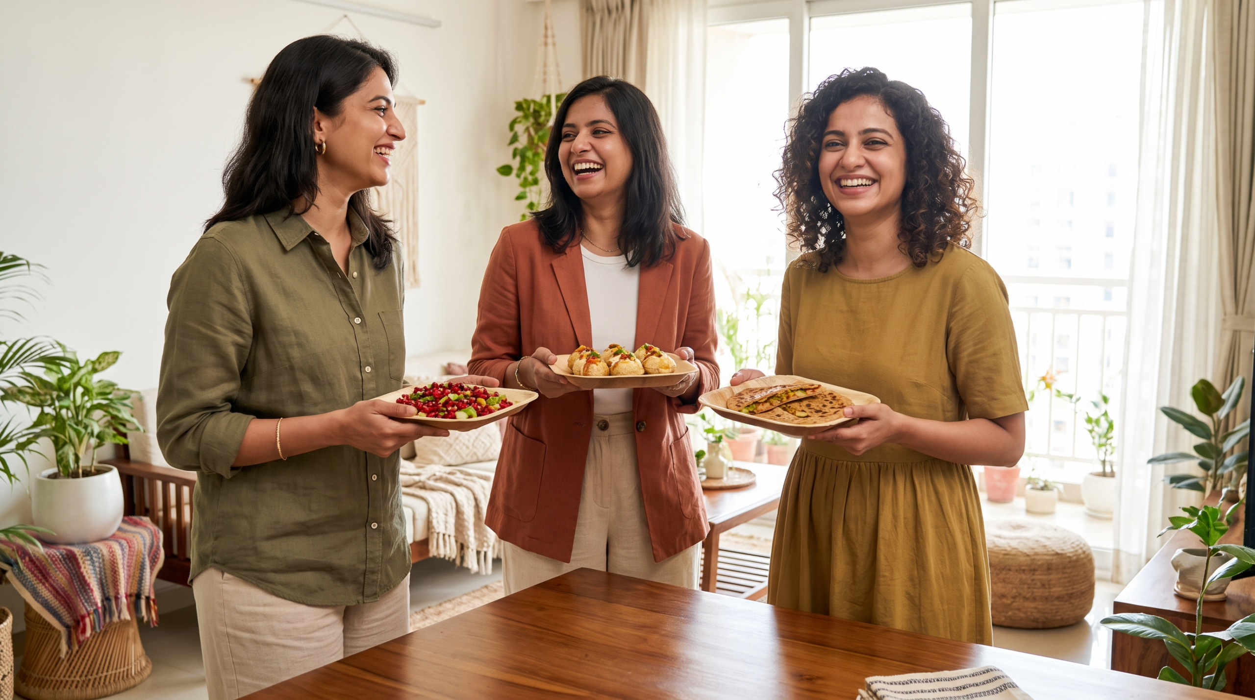 Hosts gathered in a sunlit home, each holding an organic areca leaf plate of food